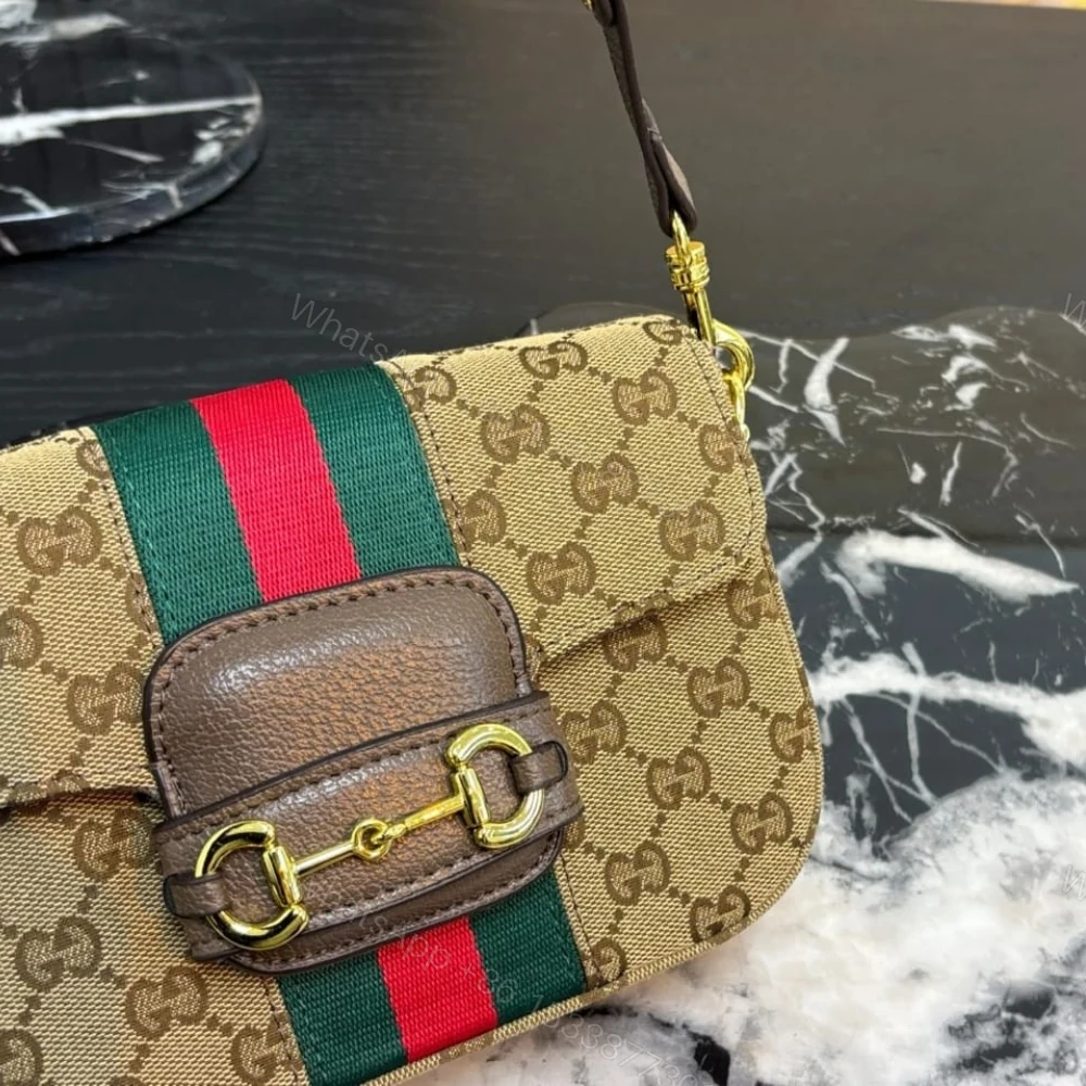 View 3 of Gucci Horsebit 1955 Small Shoulder Bag GG Canvas Sand And Brown 21cm