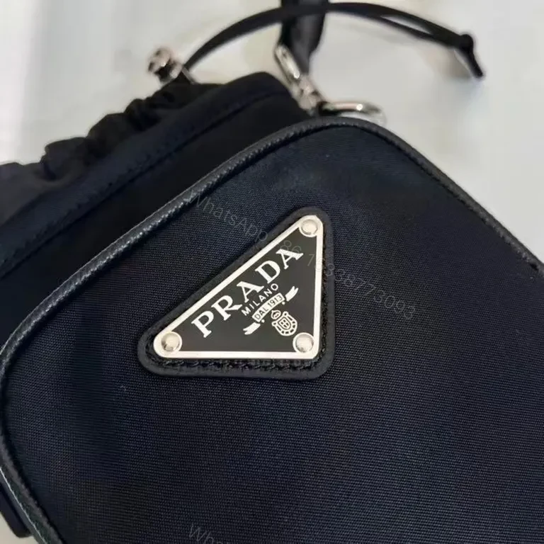 View 3 of Black Nylon Messenger Bag — Faux Prada Logo, Drawstring Closure, Adjustable Strap