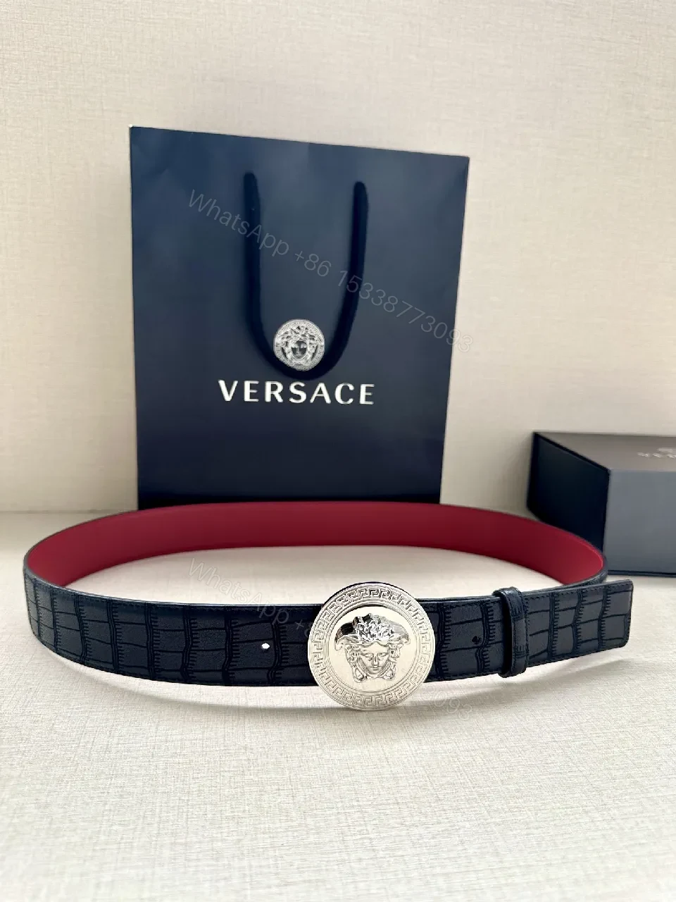 Textured Leather Belt with Medusa Buckle - Crocodile-Embossed, Black/Burgundy, Luxury Belt — view 1