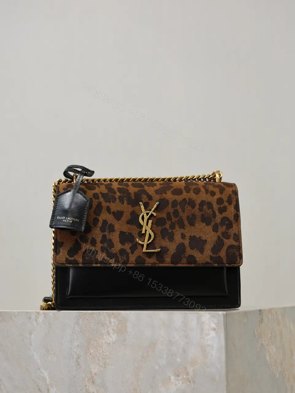 Leopard Print Flap Bag with Gold Monogram Chain Strap — view 1