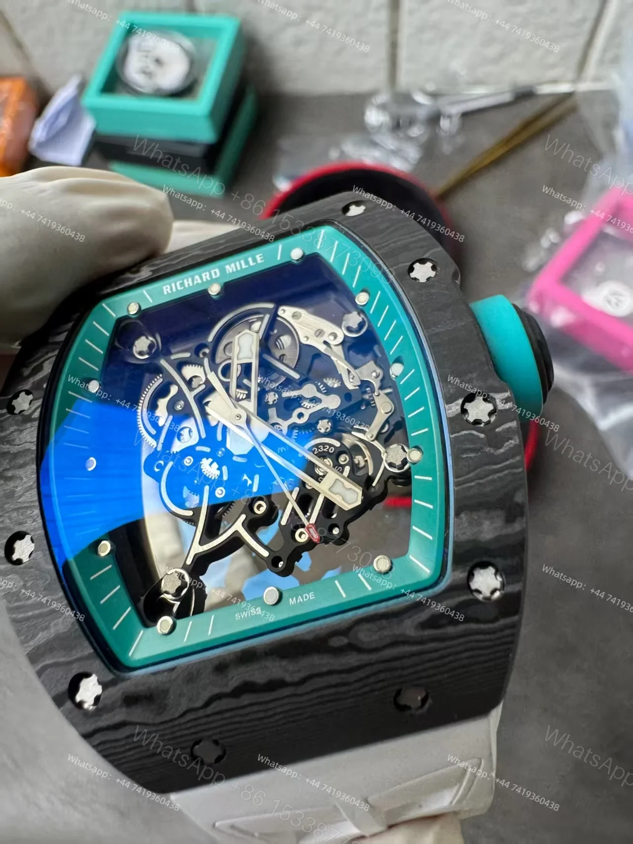 View 11 of Richard Mille RM 055 “Yas Marina Circuit” Carbon TPT Vaucher Free-Sprung White Rubber Strap Custom Super Clone
