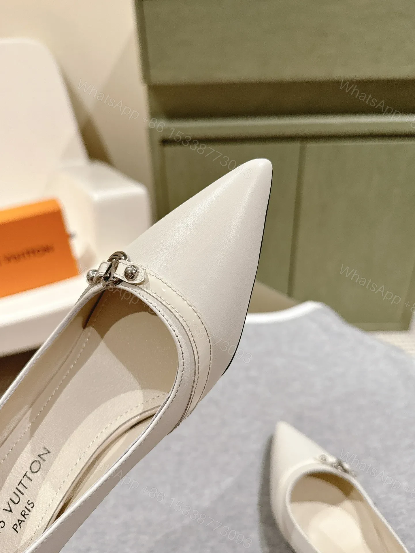 View 6 of LV Women White Leather Pointed Slingback Heels