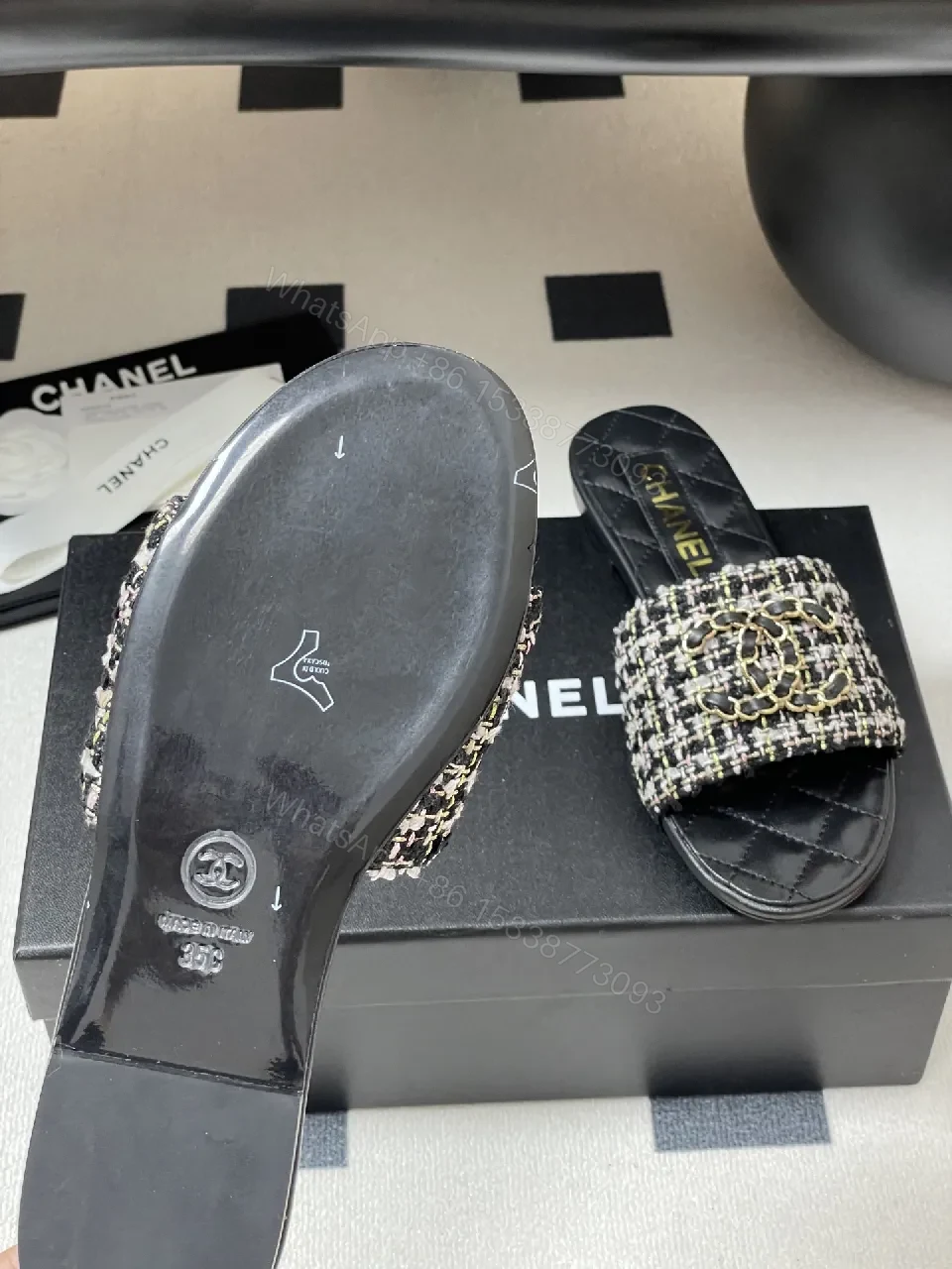 View 9 of Tweed Slide Sandals with Gold Chain Detail, Lux Comfort