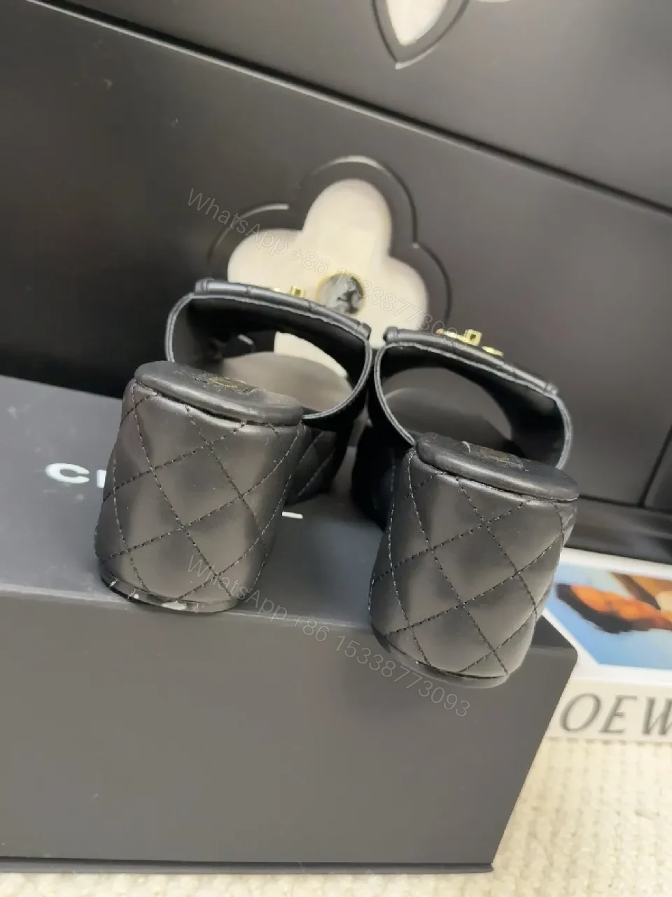 View 3 of Quilted Leather Slides with Gold Logo Sandals