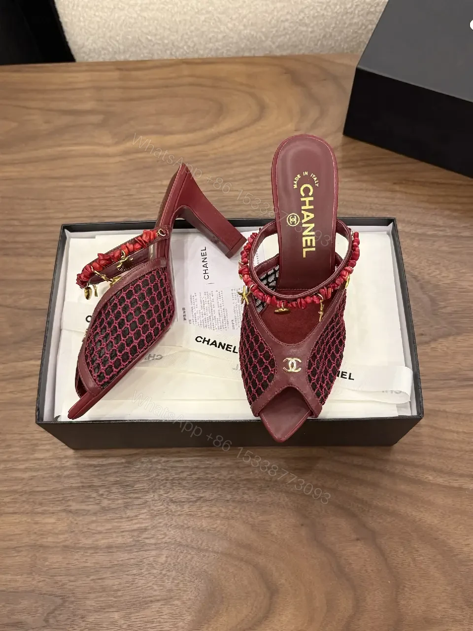 View 7 of Pink Leather Mesh Heeled Mules with Embellished Strap Product Type: Heels
