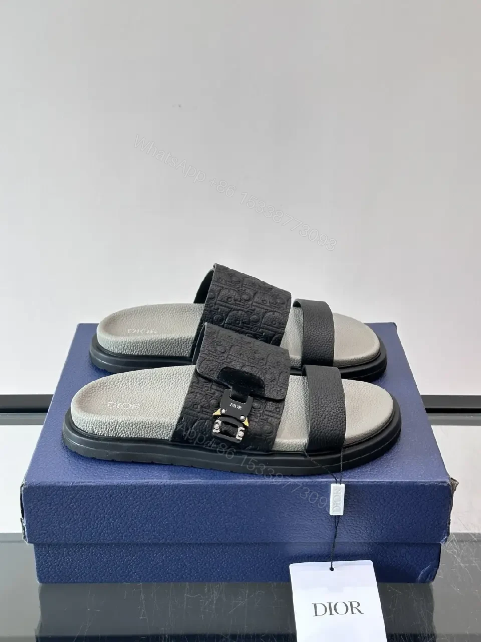 View 5 of Black Leather Dior Sandals with Buckle Feature Sliders