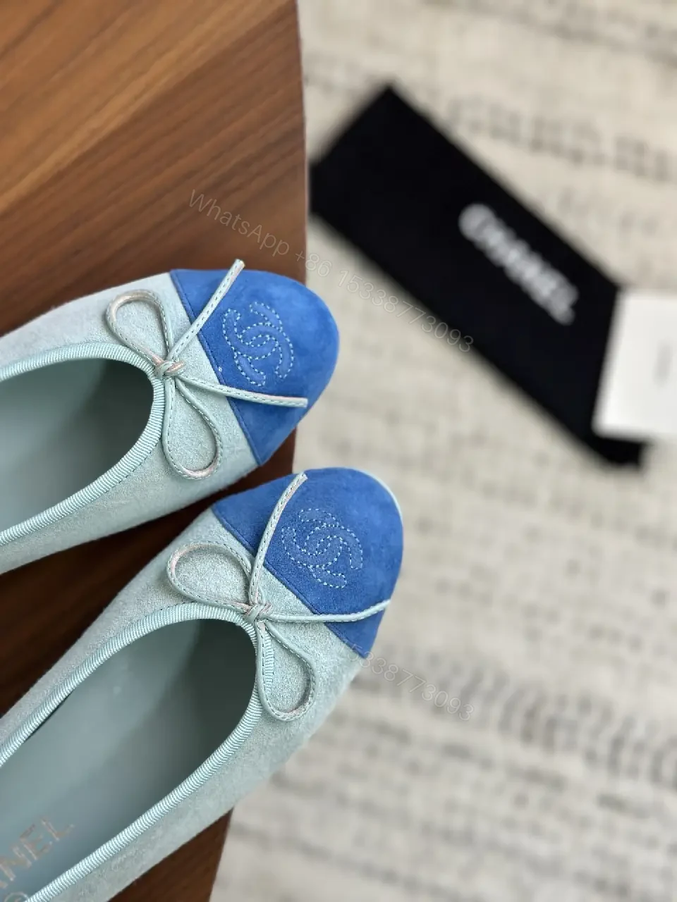 View 6 of Grey leather ballet flats with blue cap-toe and bow, luxury everyday wear