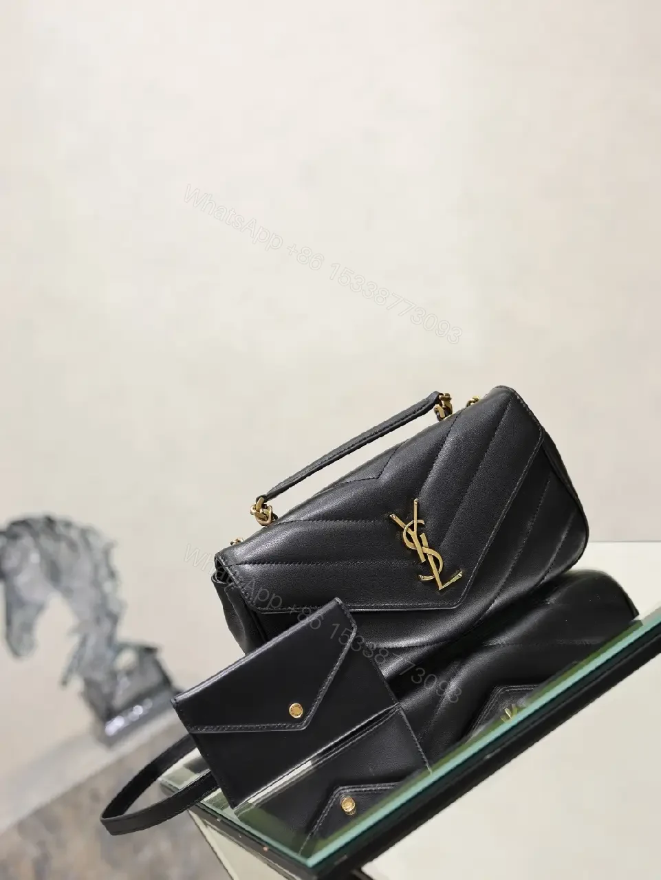 View 6 of Black Leather Structured Shoulder Bag Envelope Flap with YSL Logo Product Type