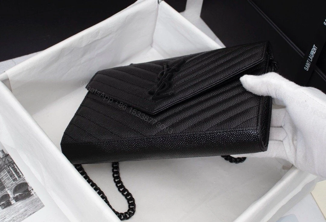 View 5 of Saint Laurent Matelasse Grain de Poudre Matte Black Monogram Chain Wallet