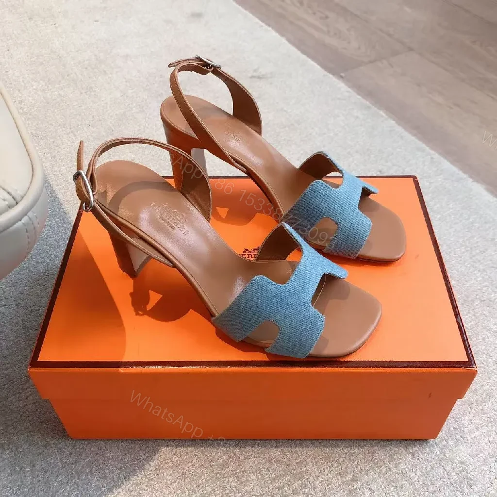 Chic Denim-Textured Strappy Sandals with Block Heel — view 1