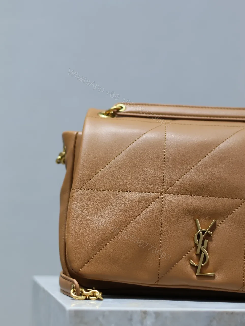 View 6 of Quilted Leather Camel Shoulder Bag with Gold Hardware