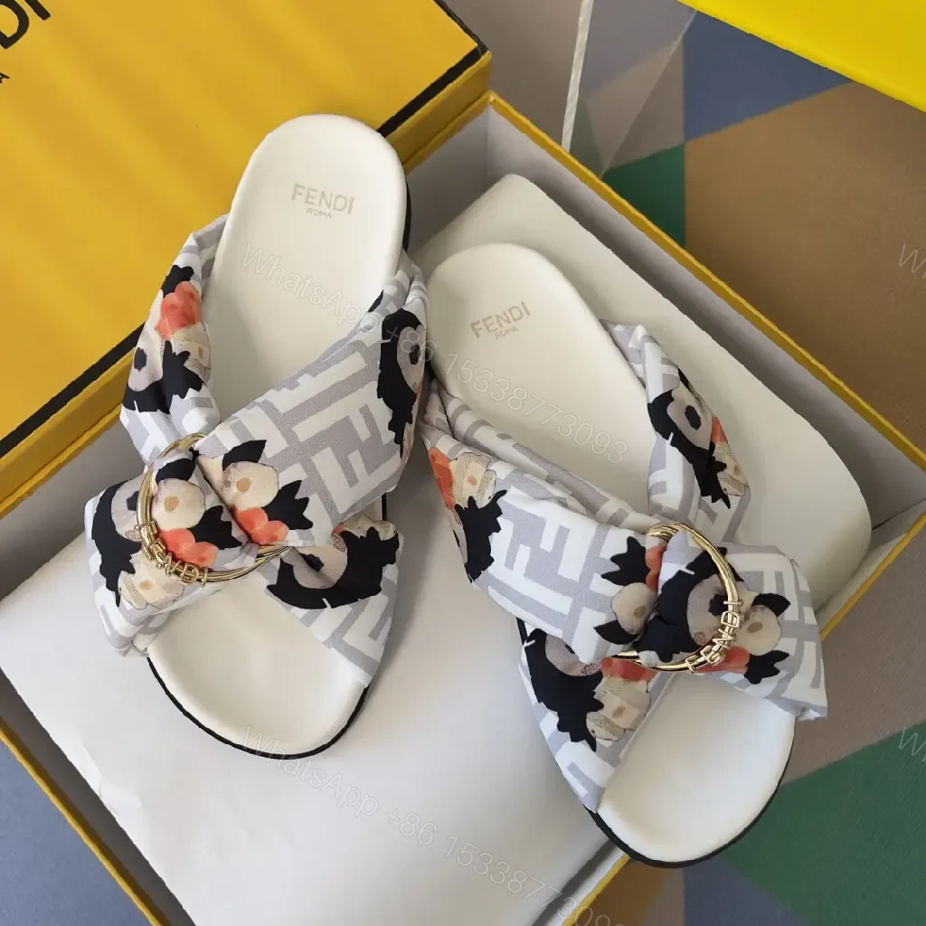 View 3 of Floral-Print Luxury Slides: Gold-Hardware Comfort Pair