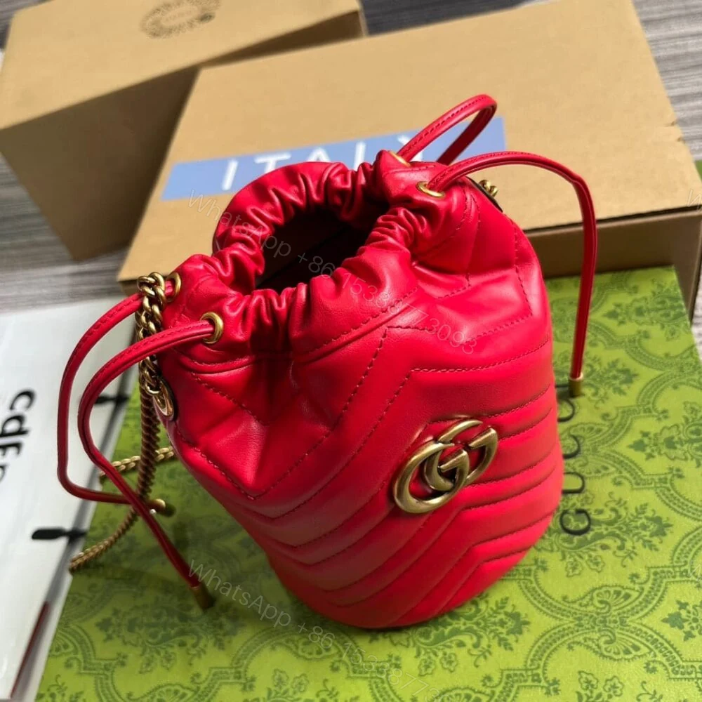 View 6 of Gucci GG Marmont Matelassé Chevron Mini Bucket Bag Red 13Cm 575163 DTDHT 6832