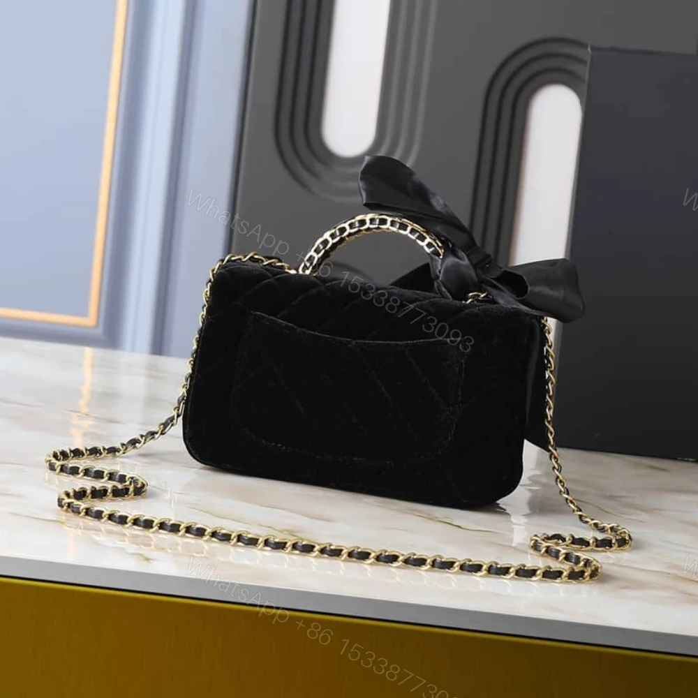 View 4 of Chanel Mini Flap Bag With Top Handle Velvet Silk And Gold Tone Metal Black 20Cm As5875 B22481 94305