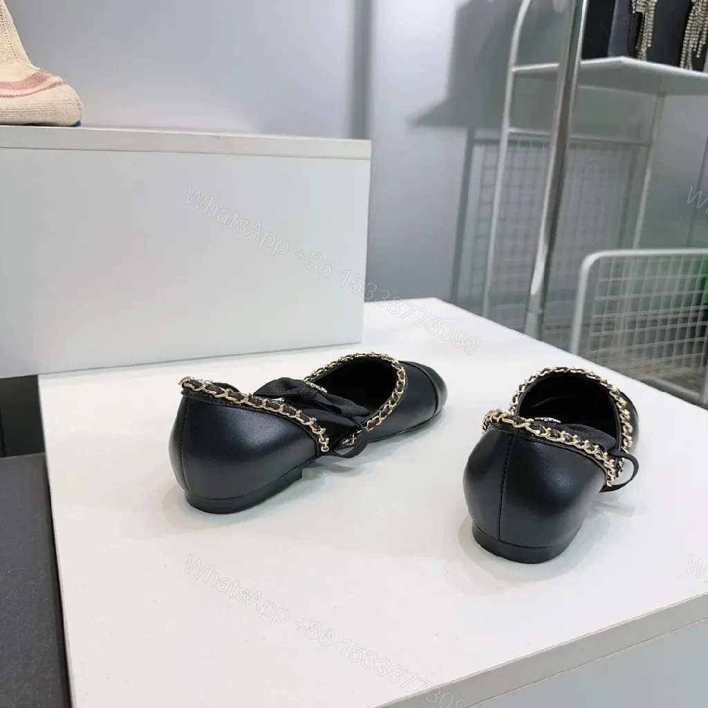View 2 of Chic Leather Ballet Flats with Chain Trim and Bow