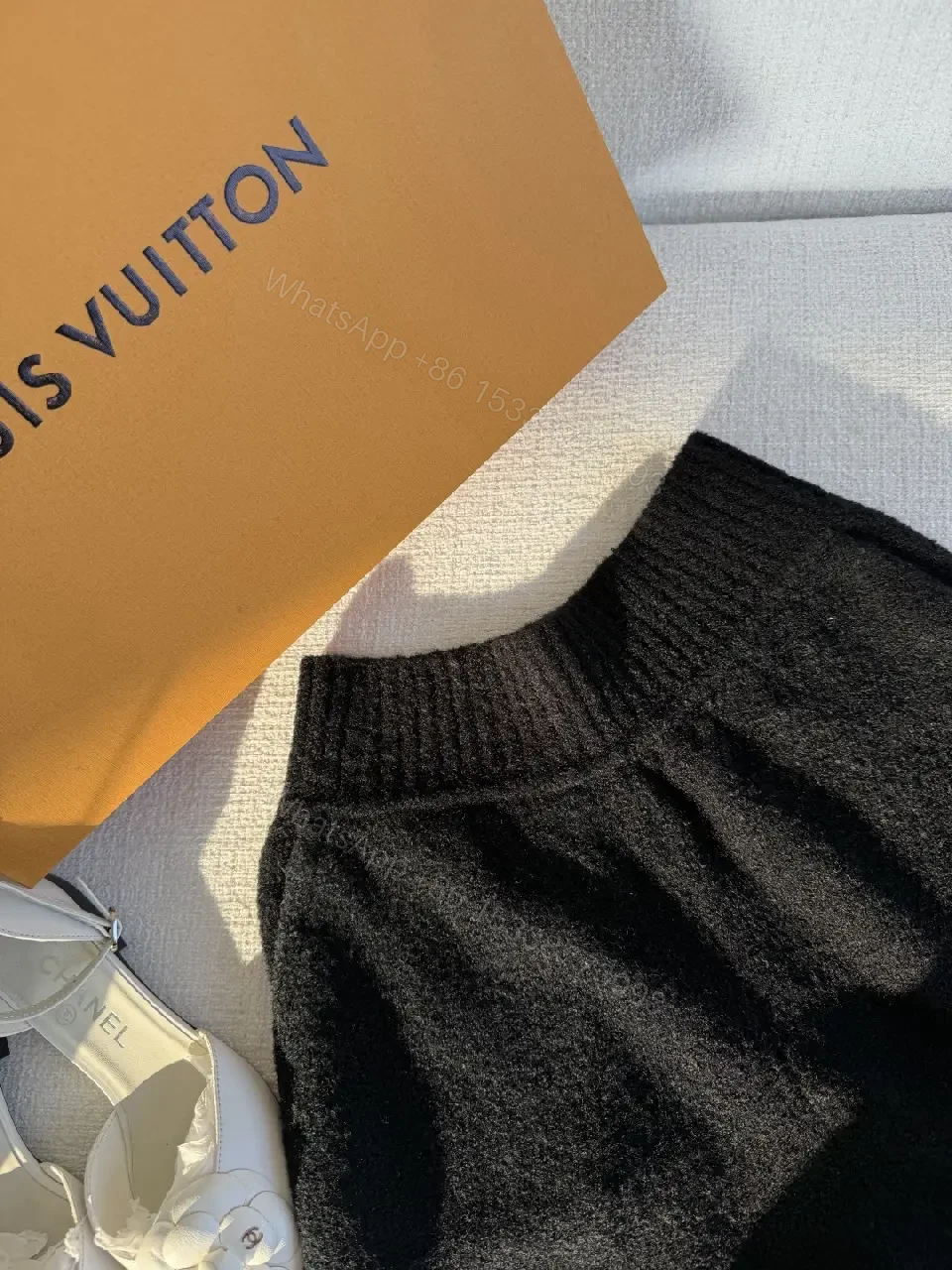 View 6 of Textured Knit Shorts with Subtle LV Accent - Elevated Comfort