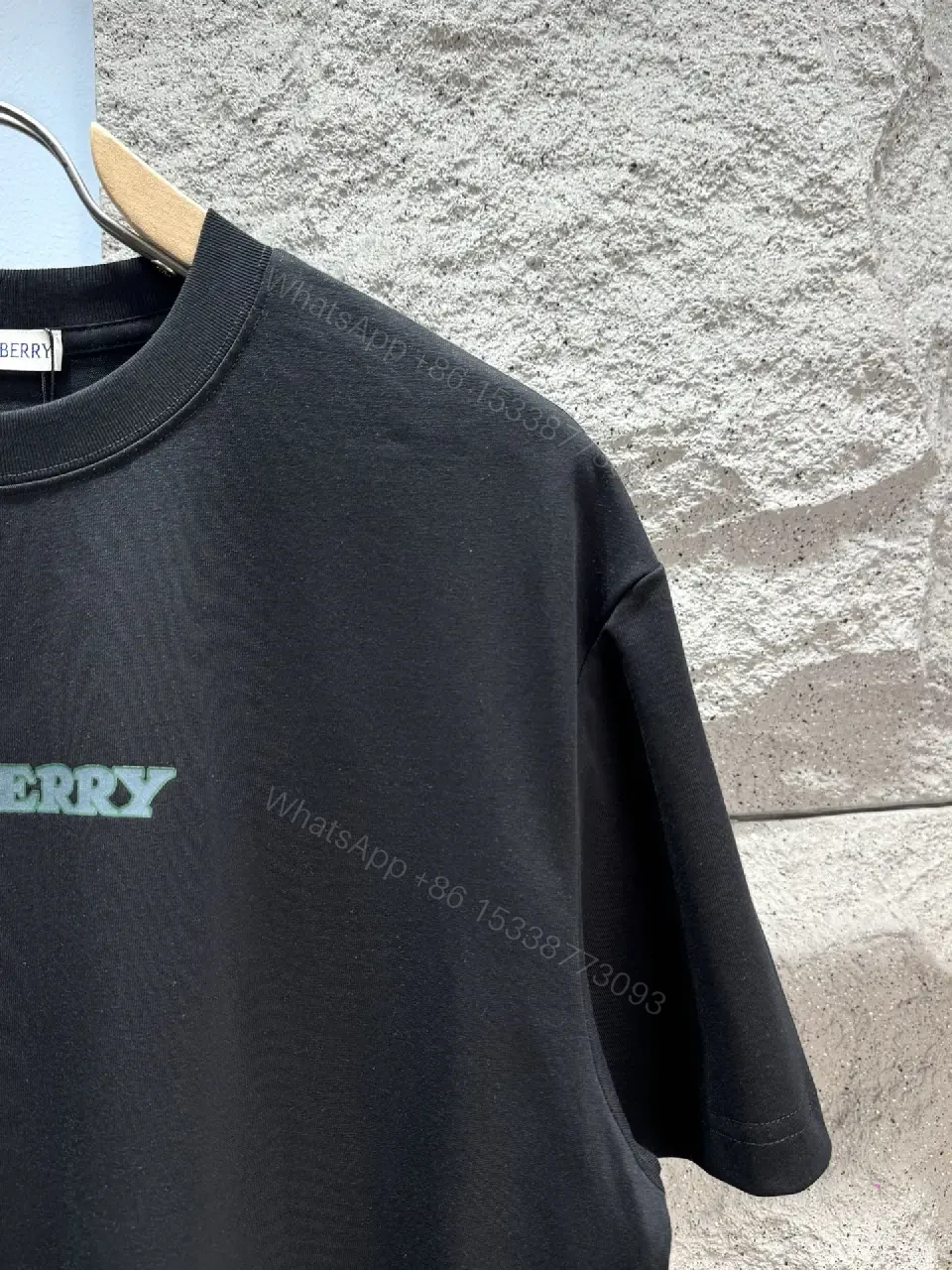 View 2 of Black Cotton Short-Sleeve Crewneck Small Light Blue-Green Logo T-Shirt