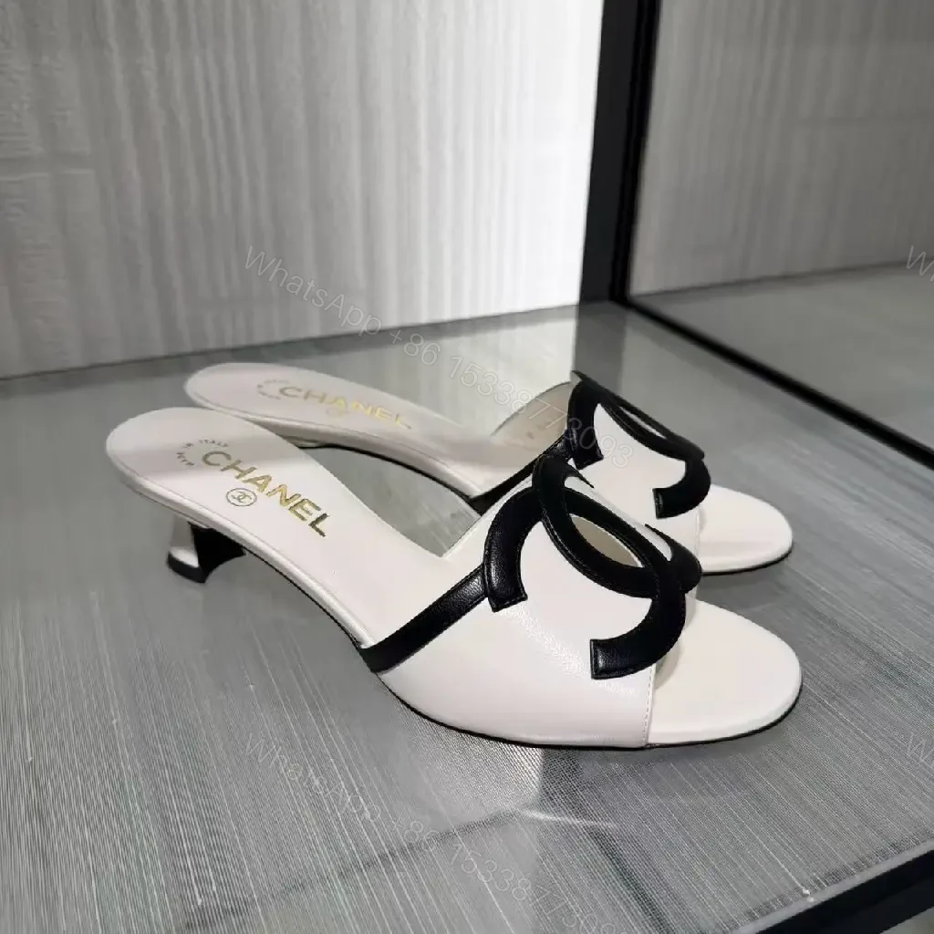 View 6 of Beige Leather Slides Black Logo Chanel Style Sandals