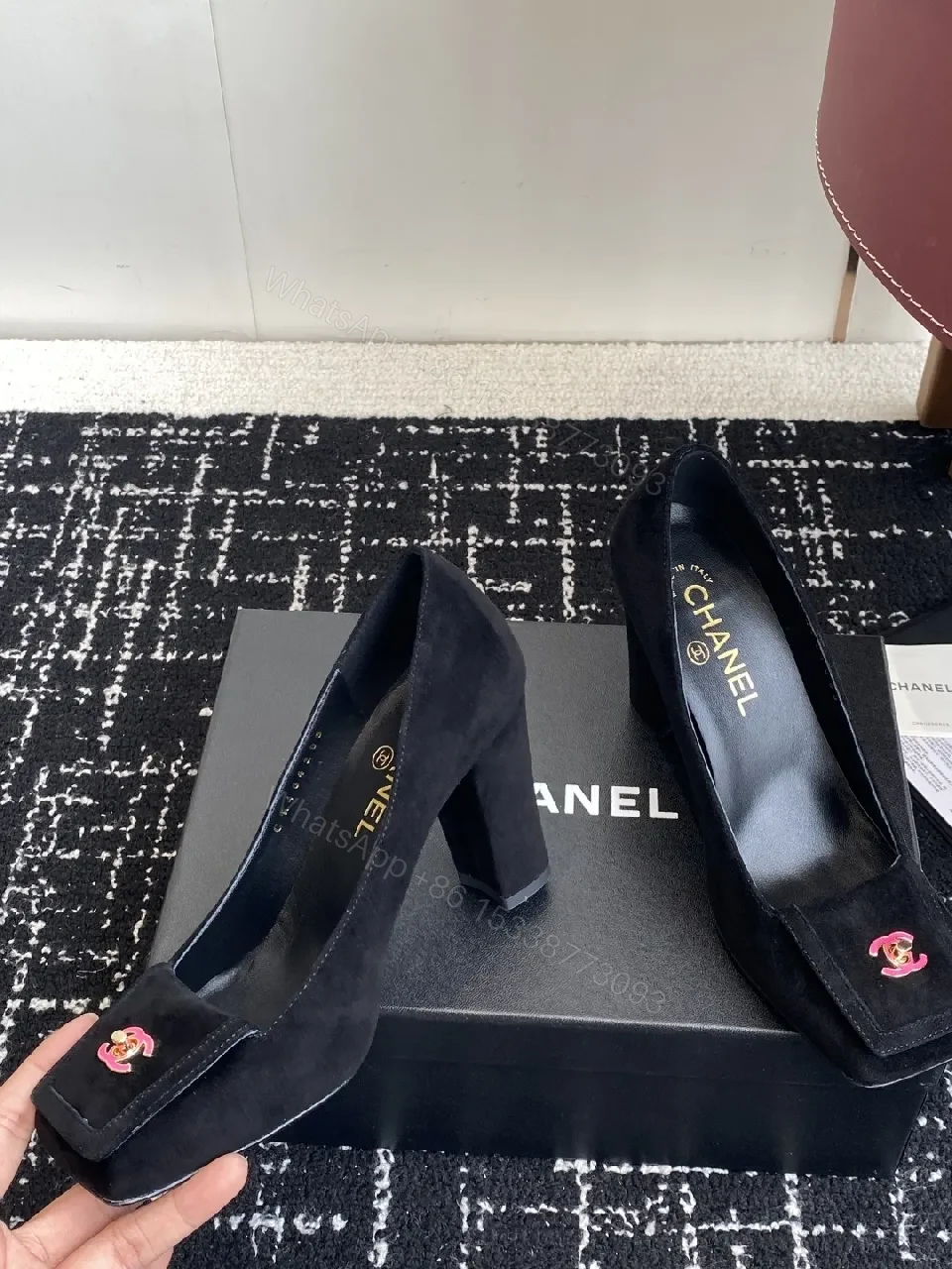 View 2 of Elegant Black Suede Pumps with Logo Detail Leather Heel
