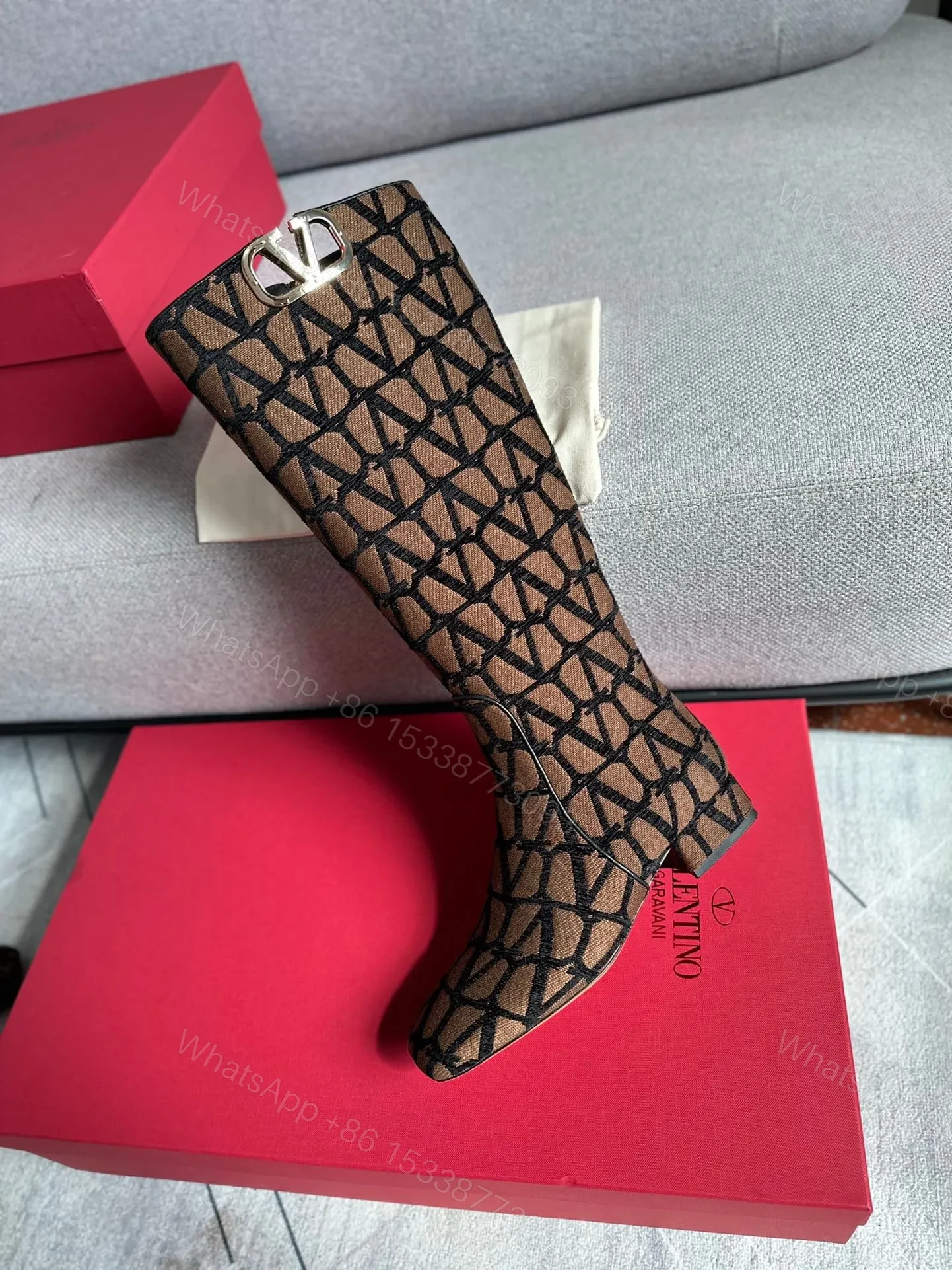 View 5 of Valentino Women Brown Patterned Fabric Boots