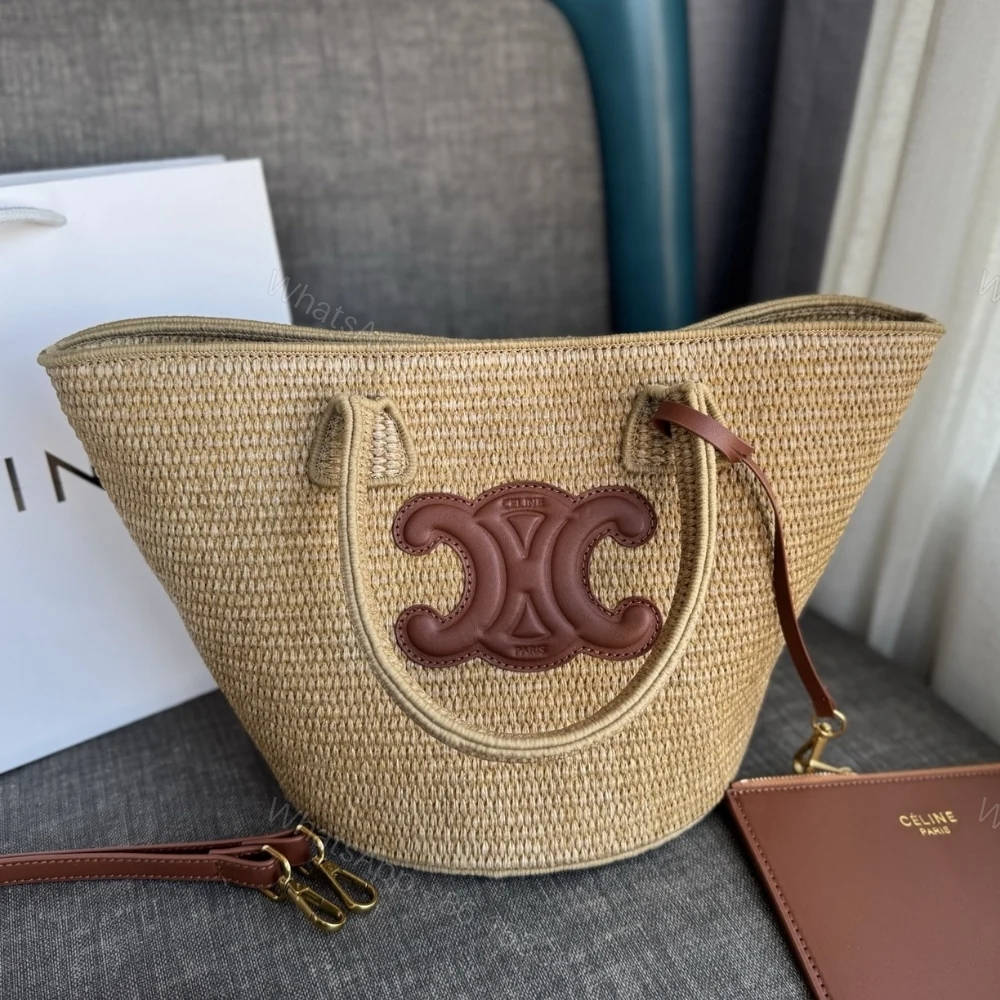 View 3 of CELINE SUPPLE SMALL TRIOMPHE CLASSIC PANIER IN RAFFIA TAN 25CM