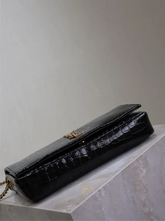 View 8 of Croc-Effect Black Leather Bag with Gold YSL Chain Strap