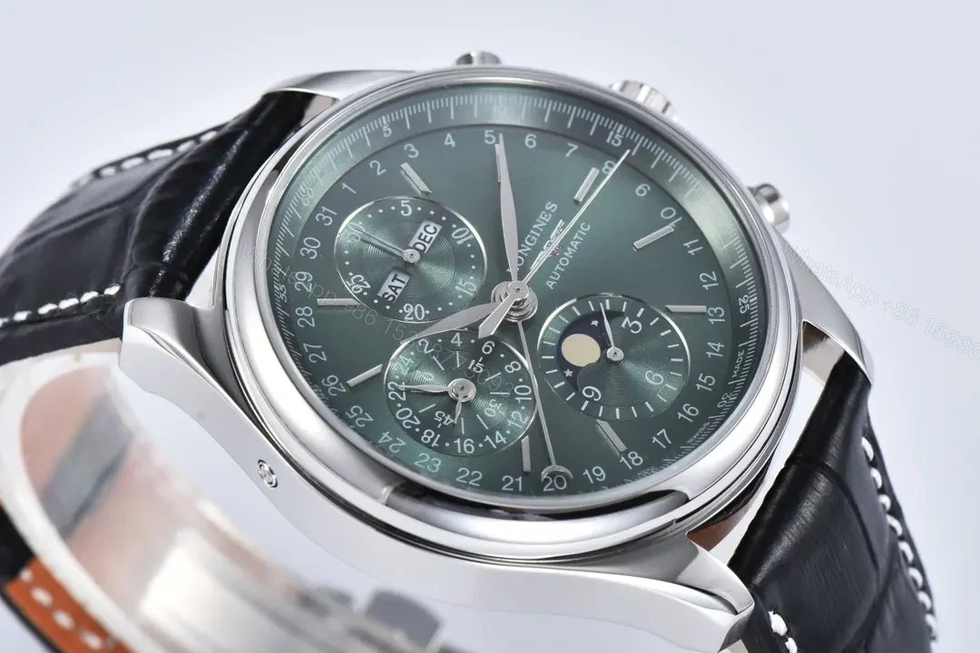 View 3 of Longines Master Collection Moon Phase Chronograph Watch Silver Case Black Leather Strap Green Dial Classic Elegant Style