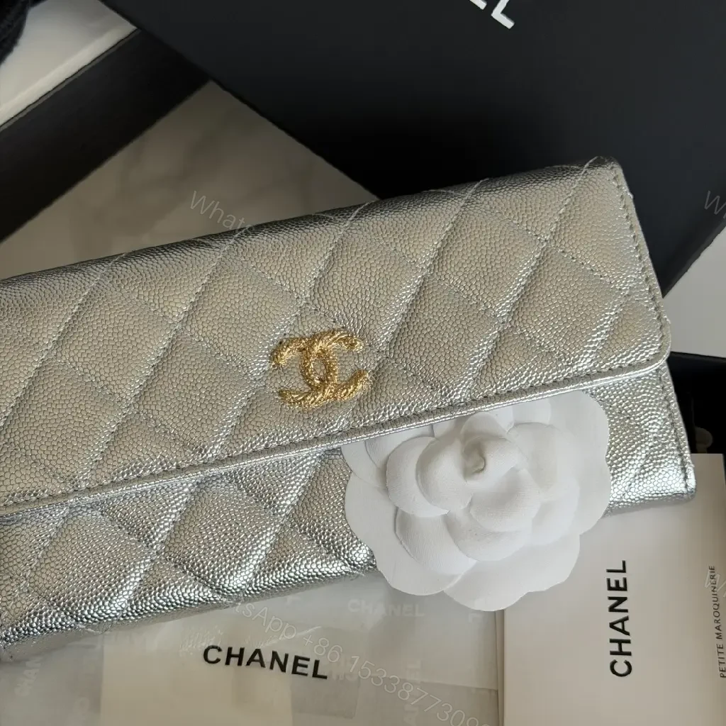 View 2 of Silver Metal Leather Quilted Wallet with CC Flap Closure