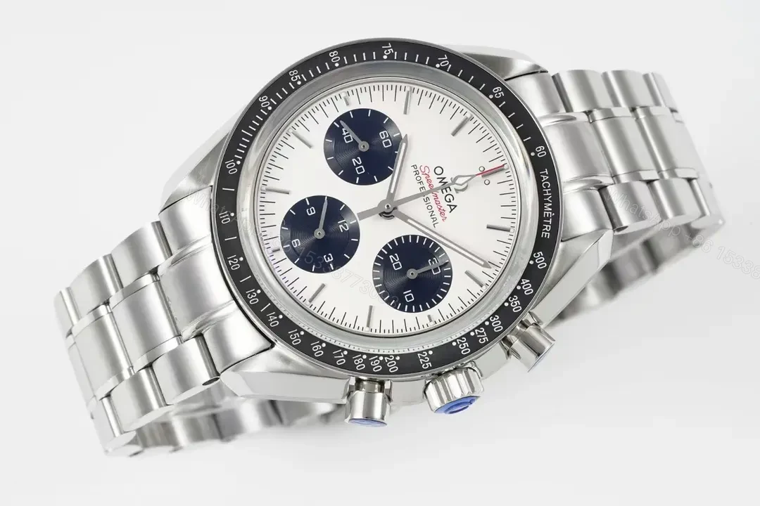 View 4 of Omega Speedmaster Professional Chronograph Watch White Dial Black Sub dials Stainless Steel Bracelet 44mm Case Automatic Caliber 9300 Dual Curved Sapphire Crystal