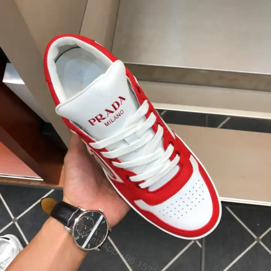 View 4 of PRADA DOWNTOWN LEATHER SNEAKERS IN WHITE AND LACQUER RED- PRD012