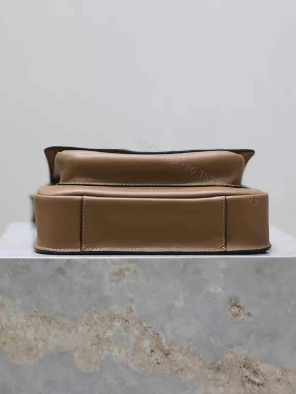 View 8 of Taupe Structured Leather Messenger Bag with Gold Logo, Minimalist Style