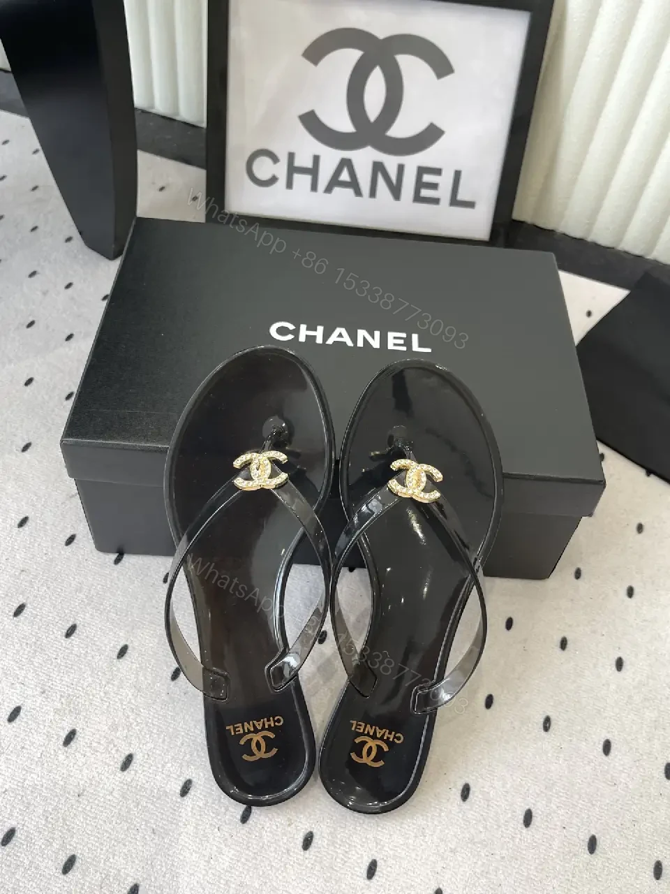 View 6 of Black Leather Plastic Sandals Classic Gold Chanel Logo Sandals