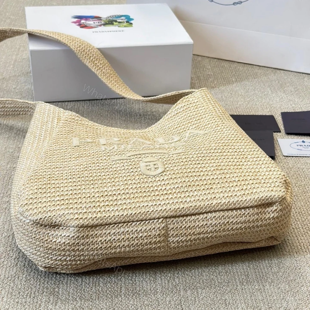 View 5 of Prada Logo Embossed Raffia Shoulder Bag Beige 33Cm 1BC186VOUO2A2T