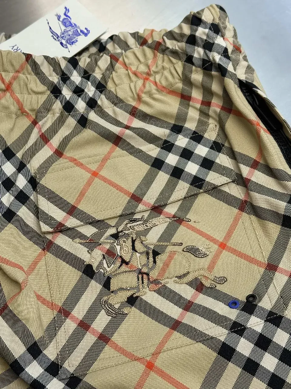 View 3 of Beige Burberry-Style Cotton Plaid Shorts with Drawstring Elastic Waist
