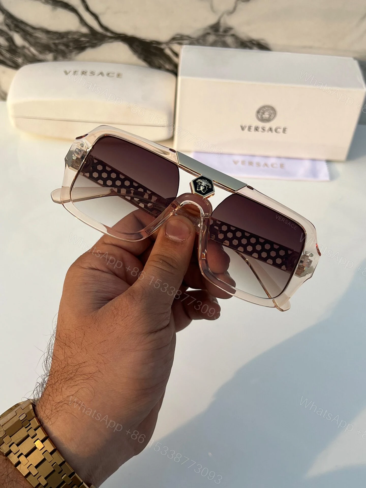 View 3 of Versace Square Beige Brown Gradient Sunglasses