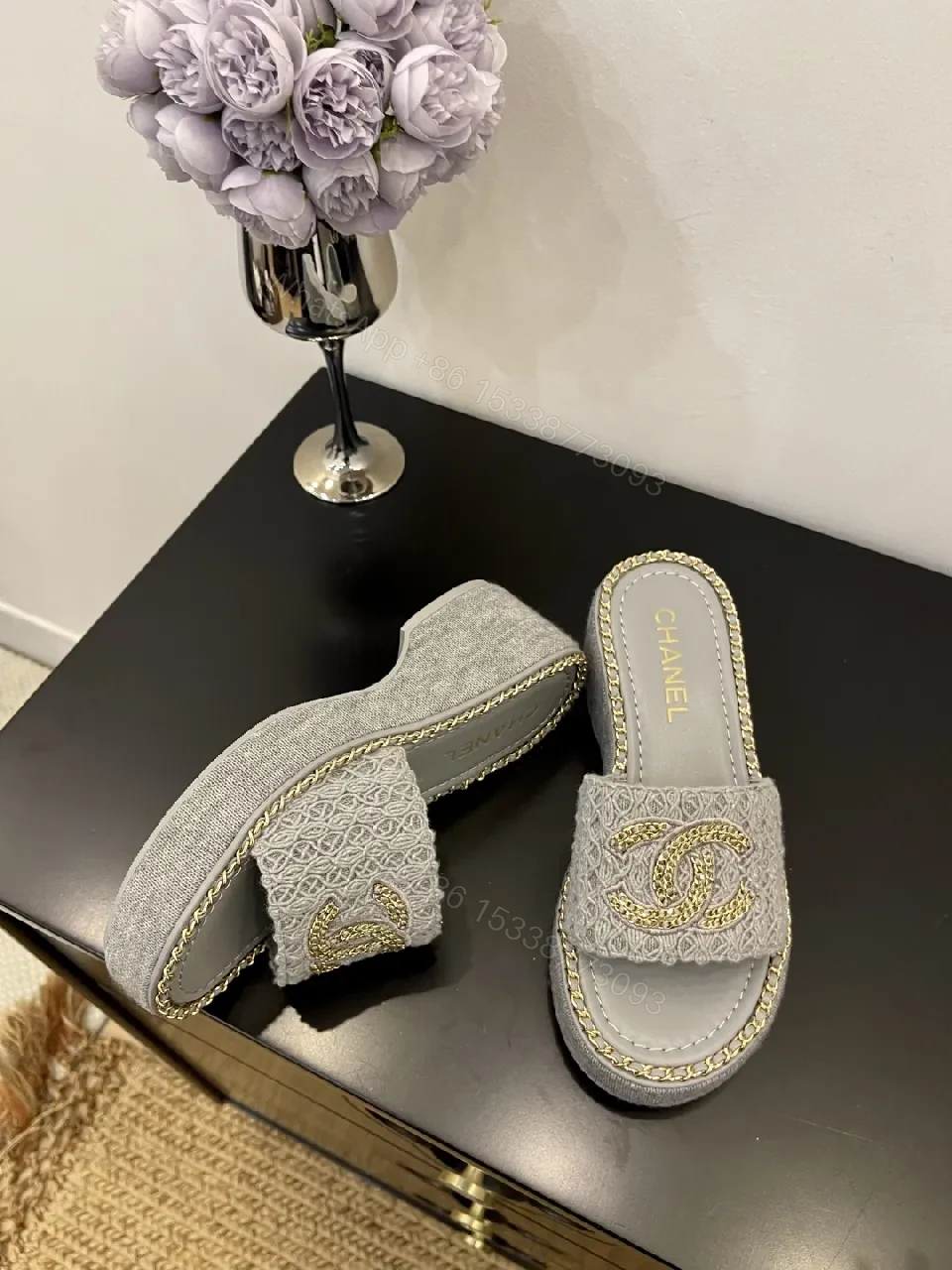View 7 of Neutral Textile Slip-Ons with Gold-Chain Edge