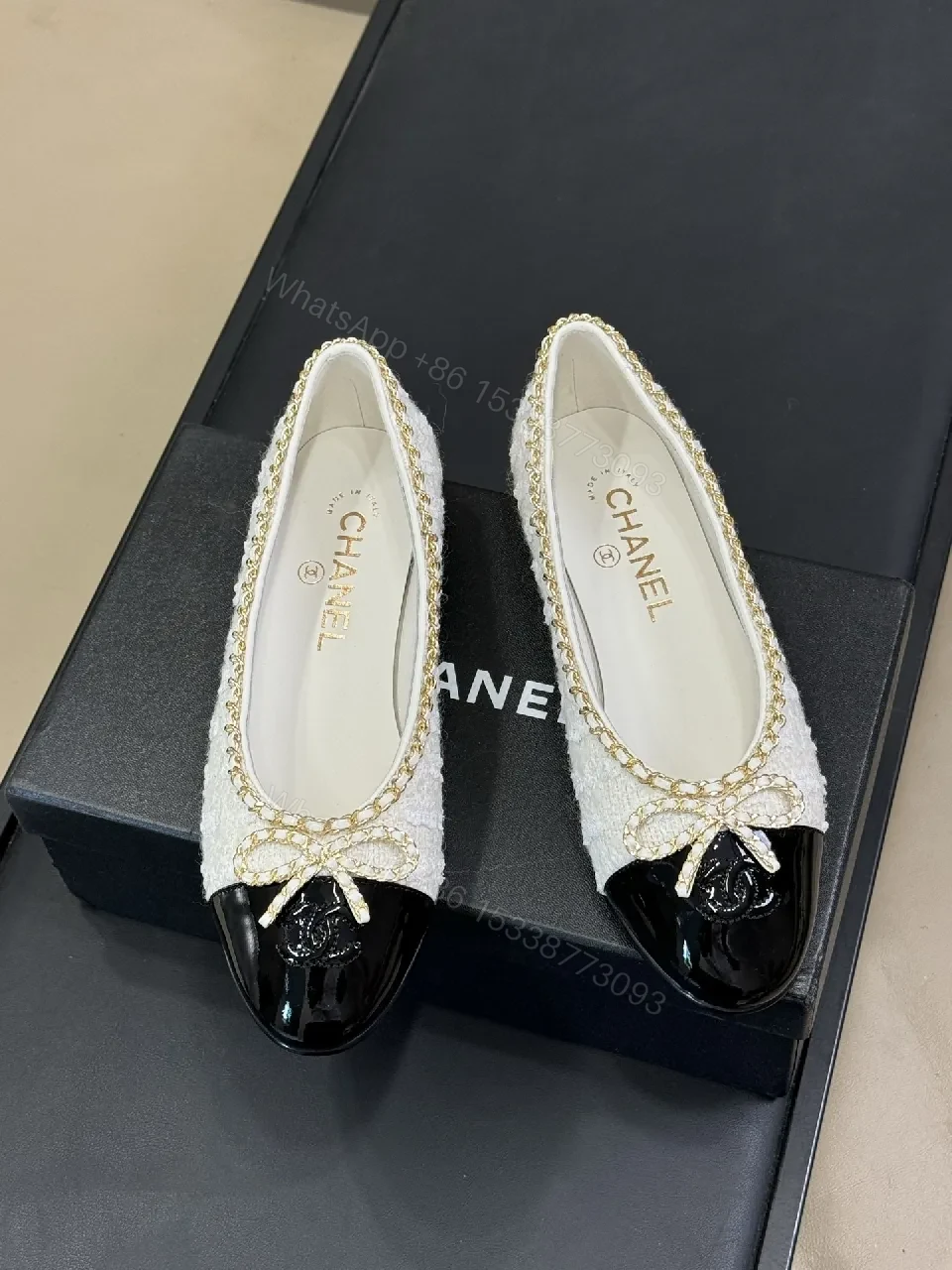 View 4 of Tweed Flats with Gold Chain Trim - Patent Toe Bowed Comfort
