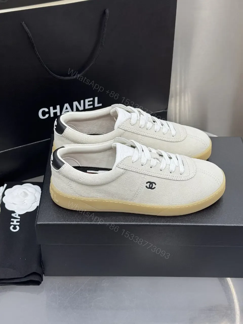 View 6 of Beige Leather Style Sneakers with Gum Sole