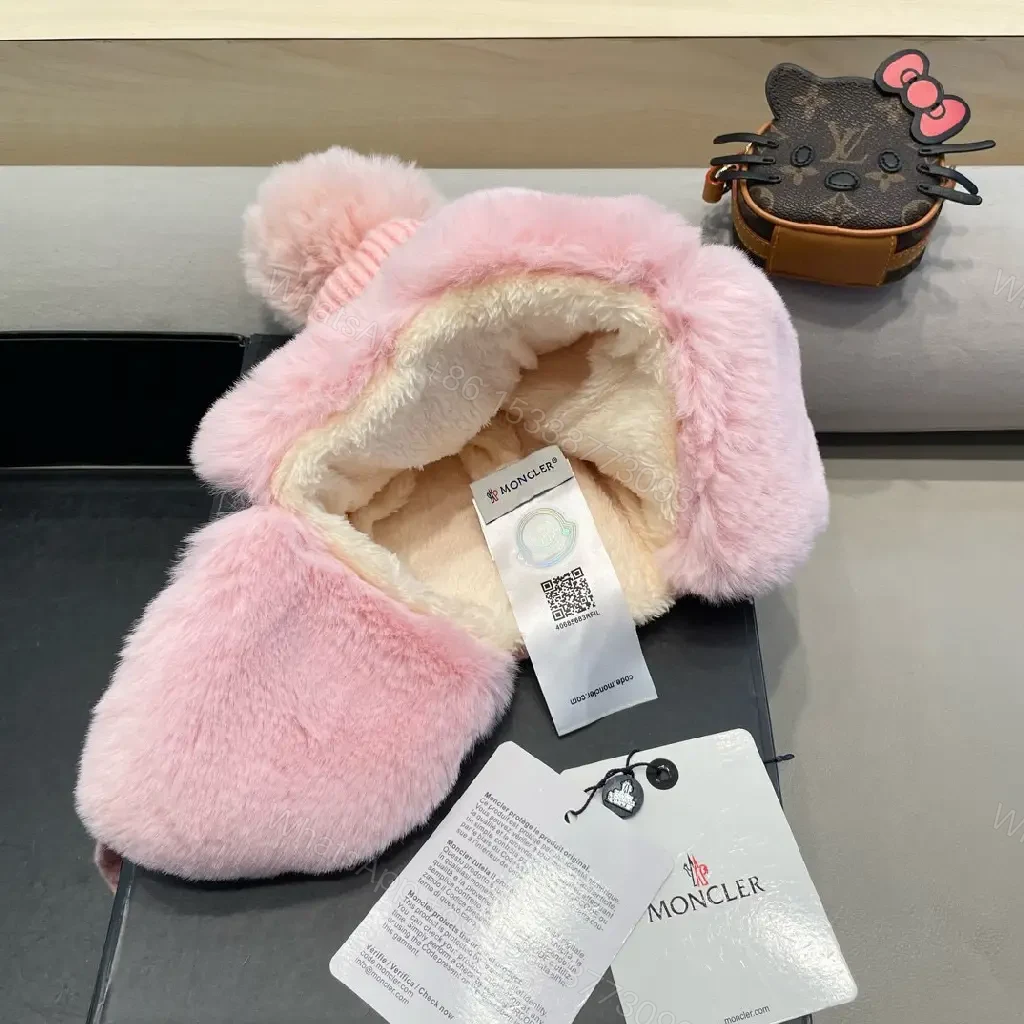 View 2 of Pink Knit Hat with Fuzzy Ear Flaps — Plush Warmth, Luxe Style