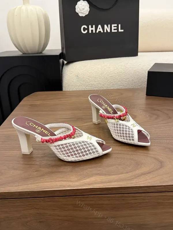 White Mesh Slingback Heels with Red Bead Trim, Chanel Style — view 1
