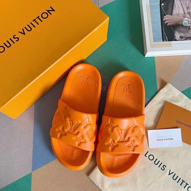 View 2 of Bold Monogram Slides: Orange LV Luxury Comfort Slides