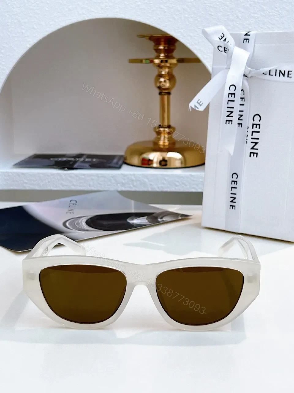 View 2 of White Frame, Brown Lens Luxe Sunglasses - Sleek Cat-Eye Style