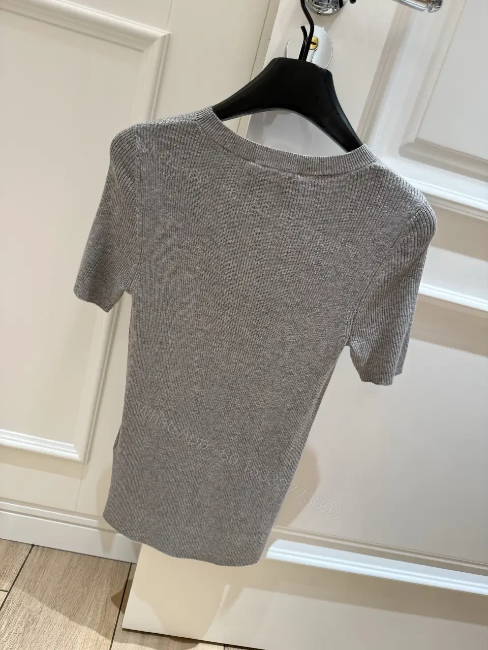 View 5 of Gray Heather Knit Tee, Relaxed Fit, Fine Rib Texture, Prada Logo