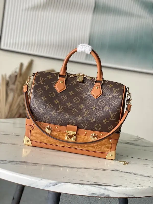 Brown Monogram Canvas Satchel with Tan Leather Trim, Structured Style, Gold Hardware, Top Handles — view 1