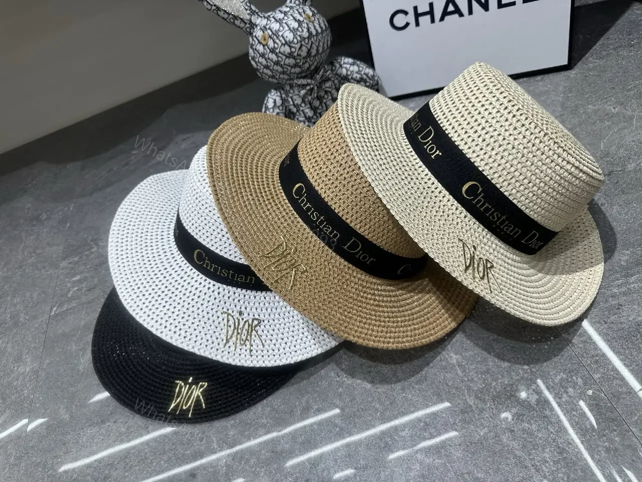 View 4 of Beige Straw Wide-Brim Hat with Dior Band (Emblem)