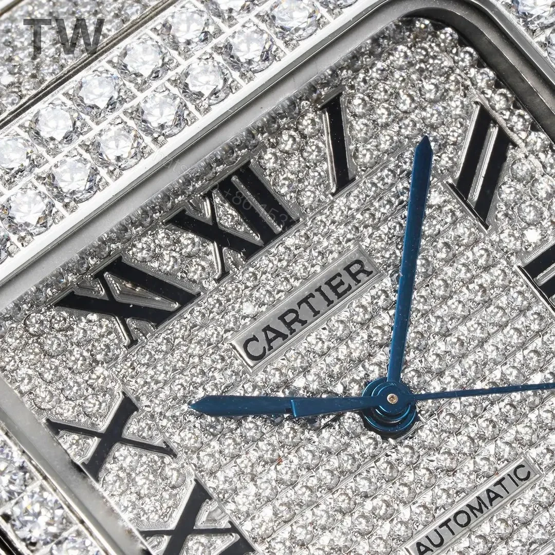 View 3 of TW Factory Cartier Santos Large Diamond Bezel Full Diamond Set Watch – Silver with Blue Hands, Automatic Movement, 40mm Stainless Steel Case, Sapphire Crystal, QuickSwitch Strap System
