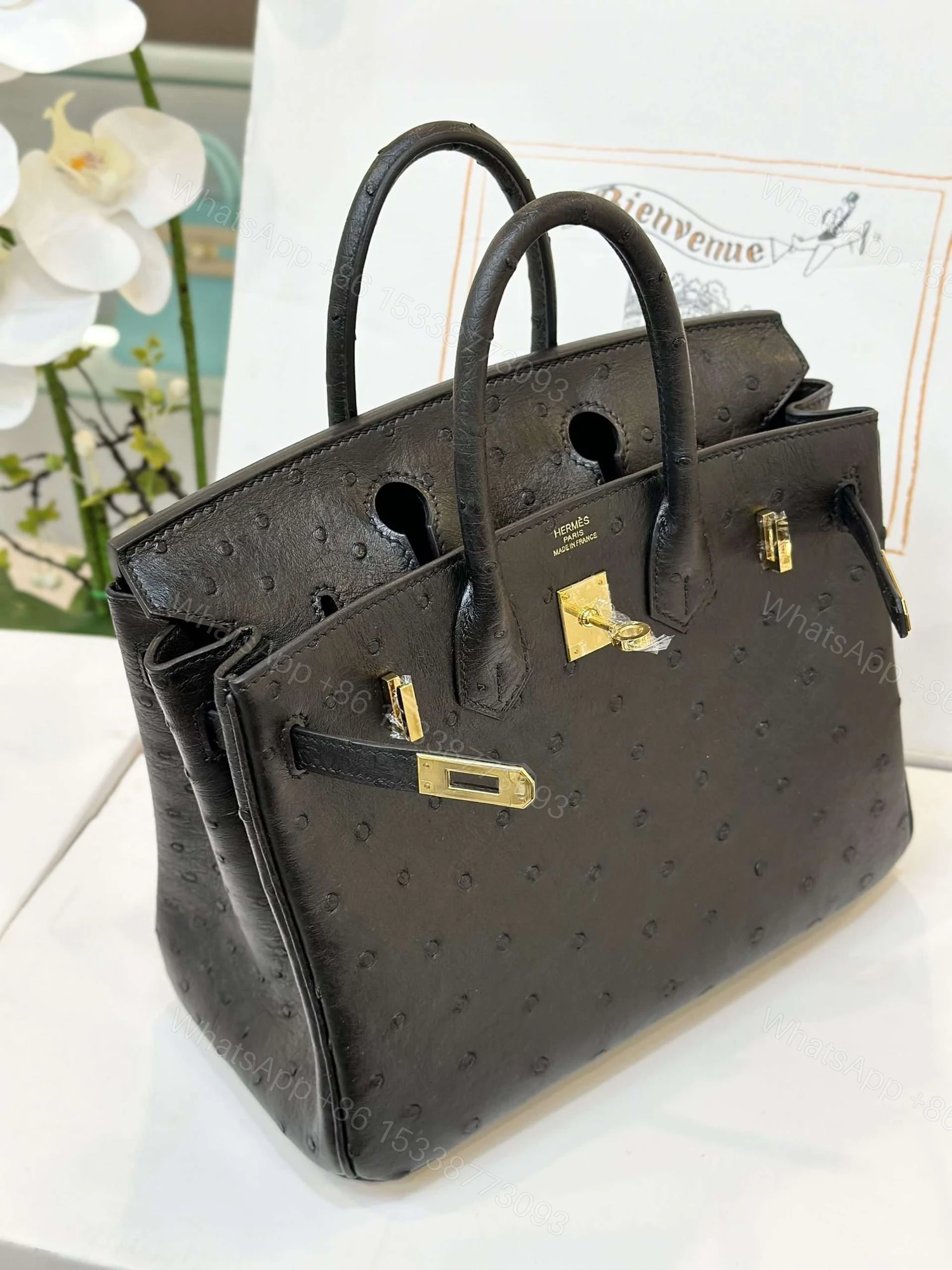View 5 of Hermes Birkin 25 Black Ostrich Leather Gold Hardware