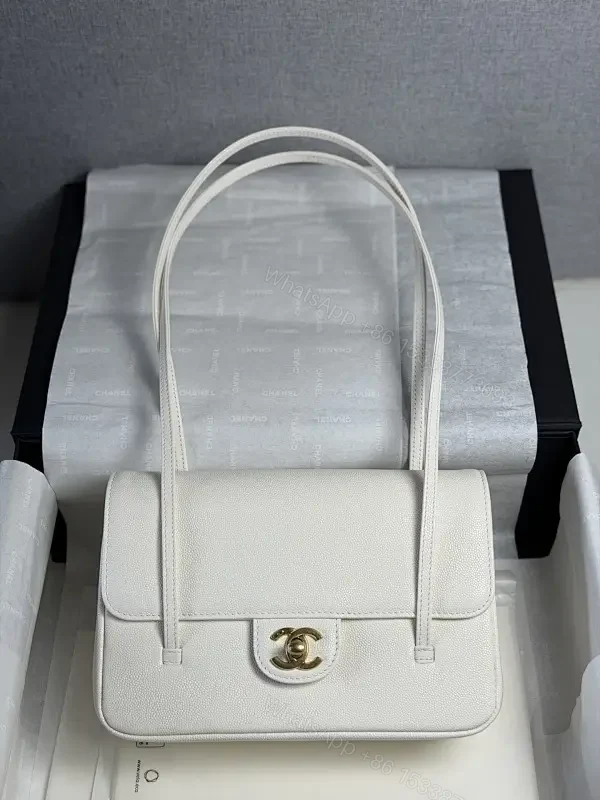 Minimalist White Pebble Leather Shoulder Bag with Gold Hardware — view 1