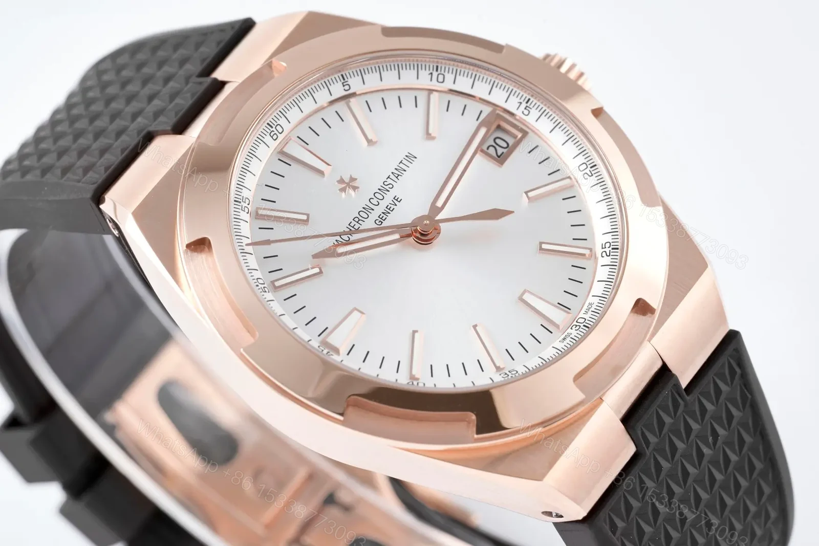 View 3 of Vacheron Constantin Overseas 4500V Series Rose Gold Watch with Black Rubber Strap – 41mm Silver Dial, Date Display, Automatic Movement