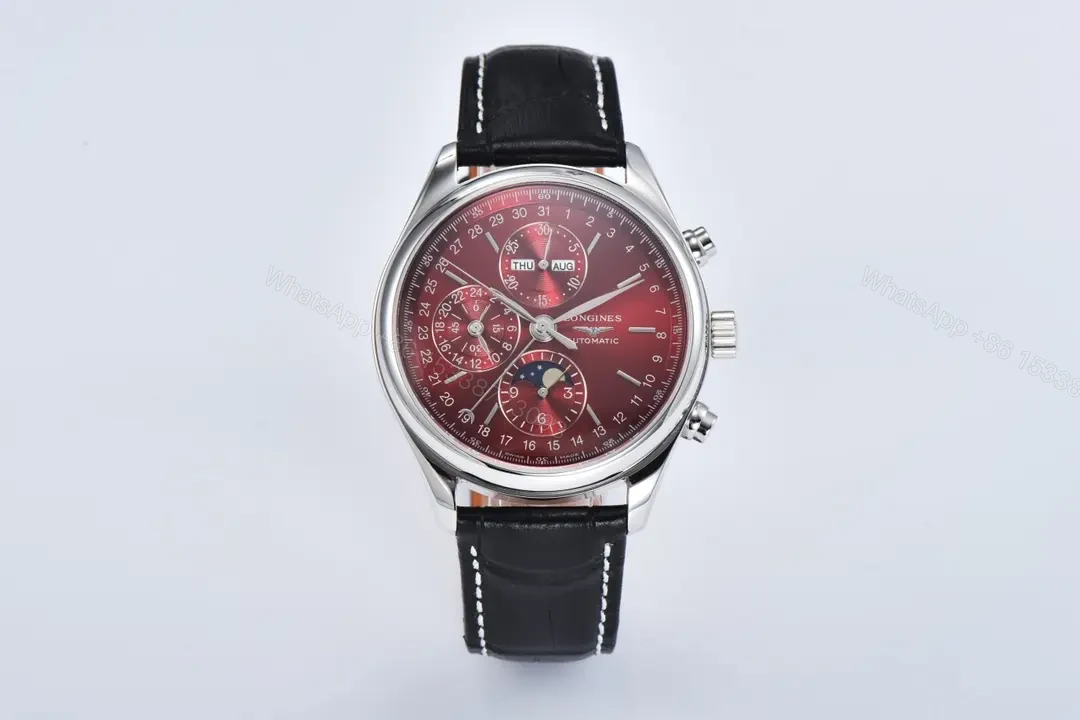 Longines Master Collection Moonphase Chronograph Watch Red Dial Stainless Steel Case Black Leather Strap 42mm — view 1